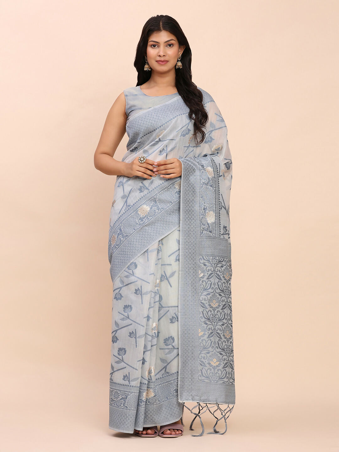 Grey Linen Cotton Saree with Matching Blouse Piece