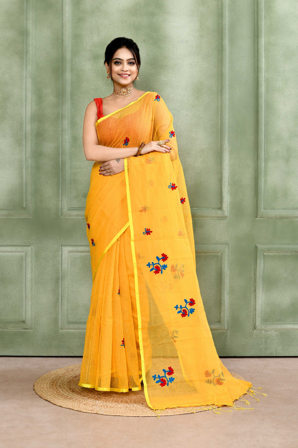 Yellow Embellished Cotton Blend Saree featuring detailed embroidery work