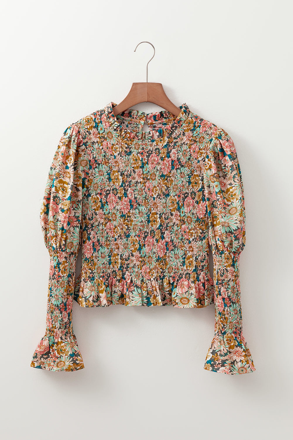 Yellow Floral Print Smocked Bubble Sleeve Crop Top