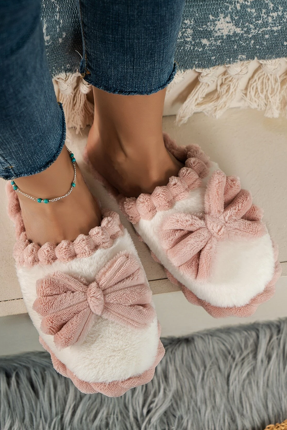 Fushia Bow Plush Winter Slipper | Cozy Indoor Footwear