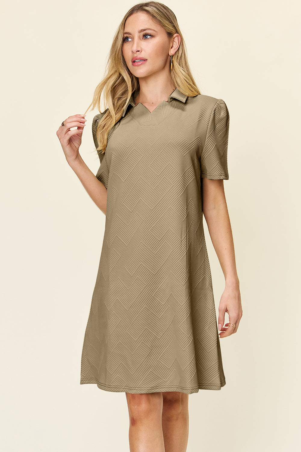 Collared Neck Short Sleeve Textured Mini Dress for Women