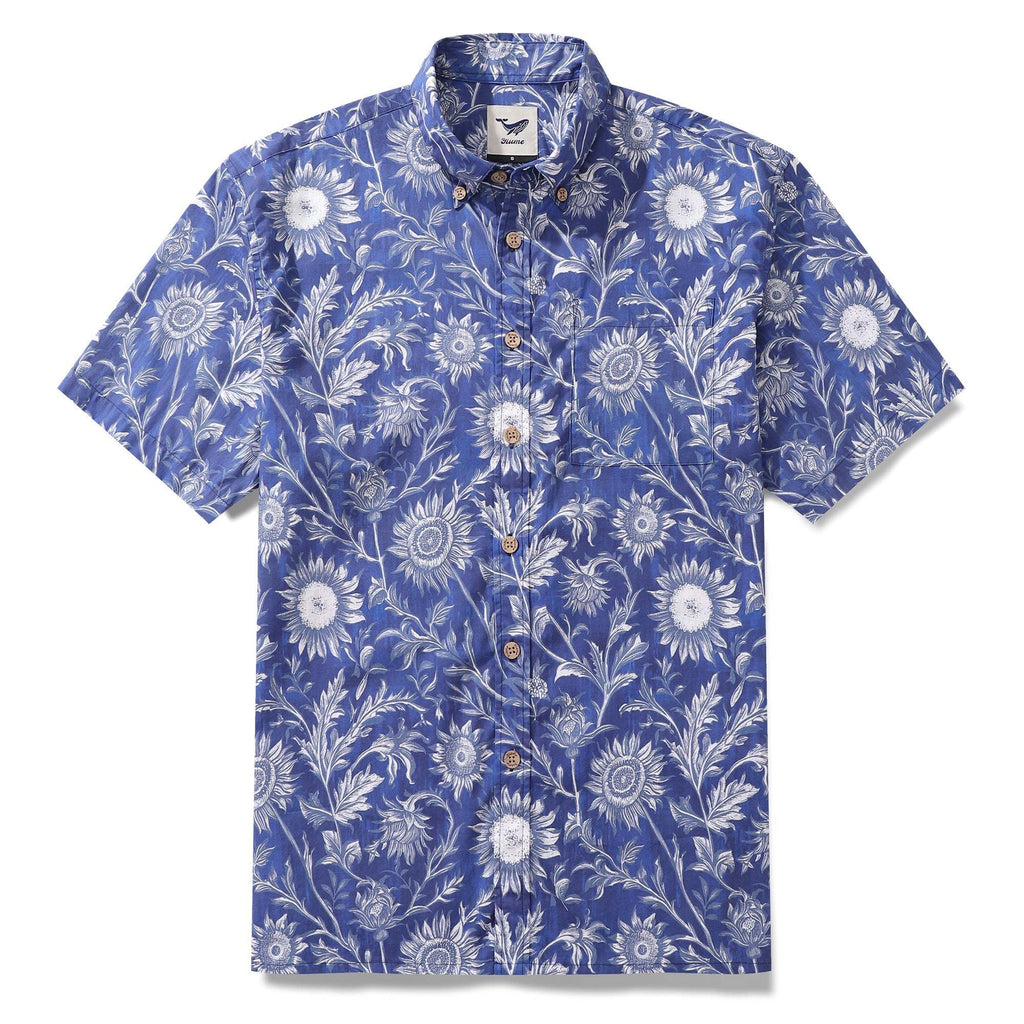 Blue and white short sleeve button-down shirt with sunflower illustrations