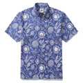 Blue and white short sleeve button-down shirt with sunflower illustrations