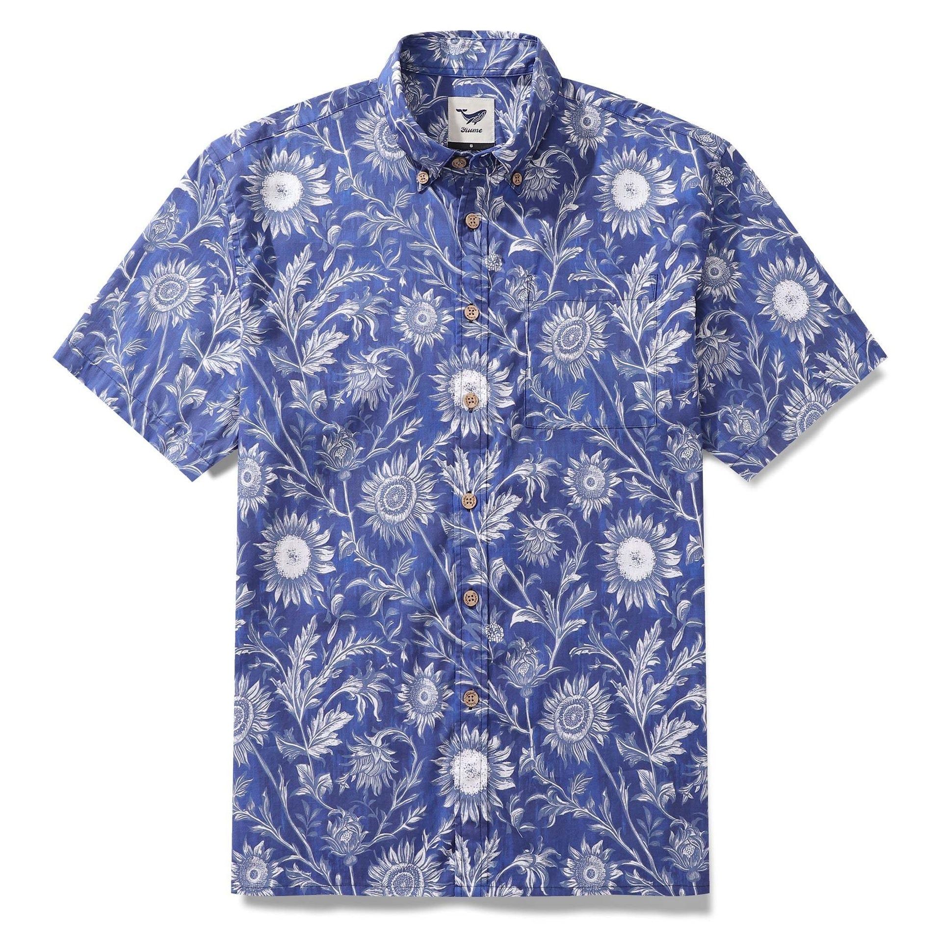 Blue and white short sleeve button-down shirt with sunflower illustrations