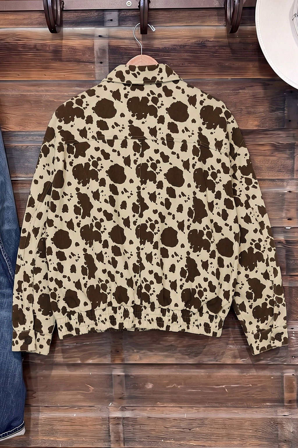 Western Cow Print Denim Cargo Pocket Zip Up Jacket