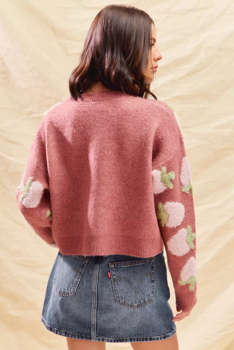 Strawberry All-Over Button Cardigan in Marsala