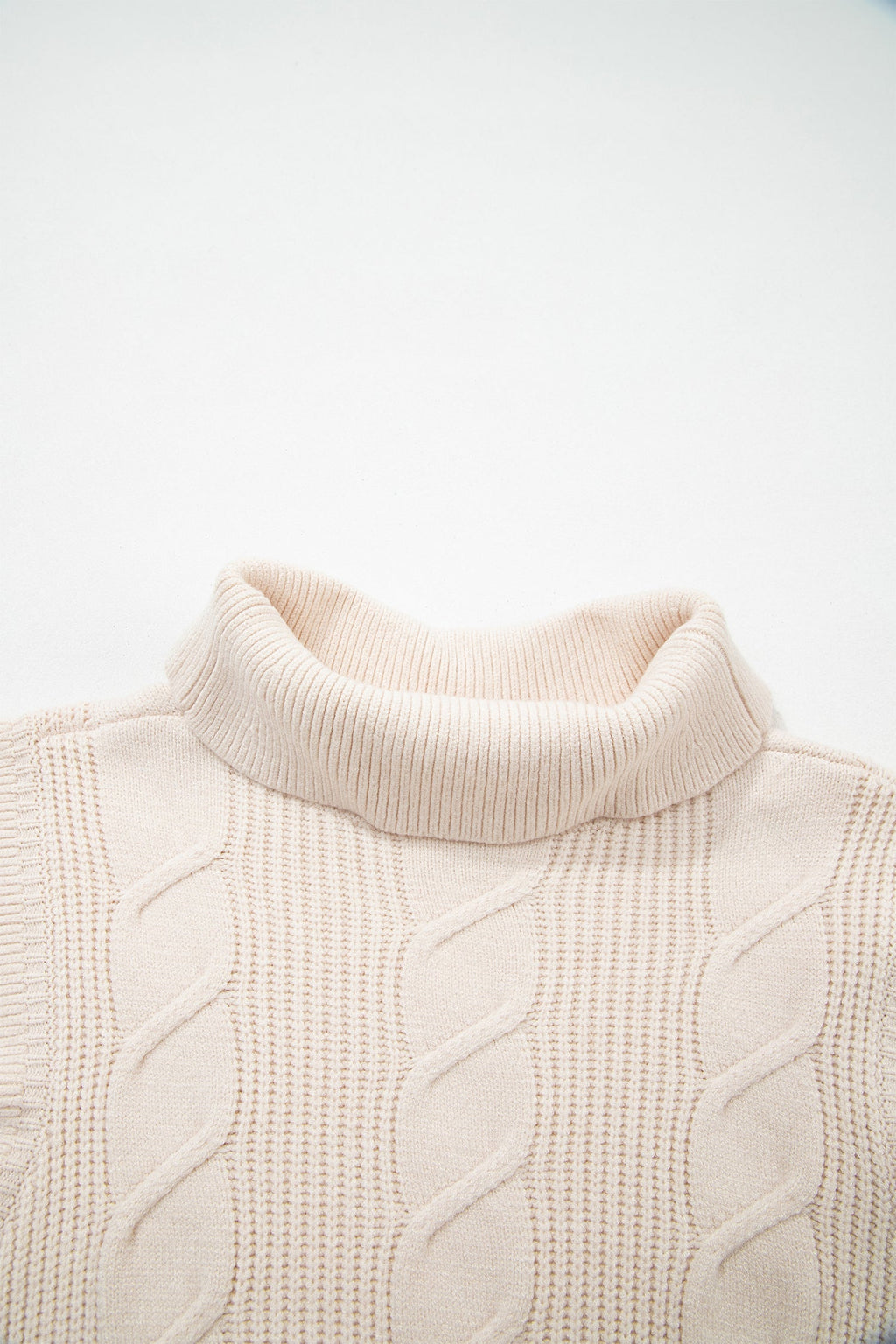Cable Knit Turtleneck Ruffle Short Sleeve Sweater