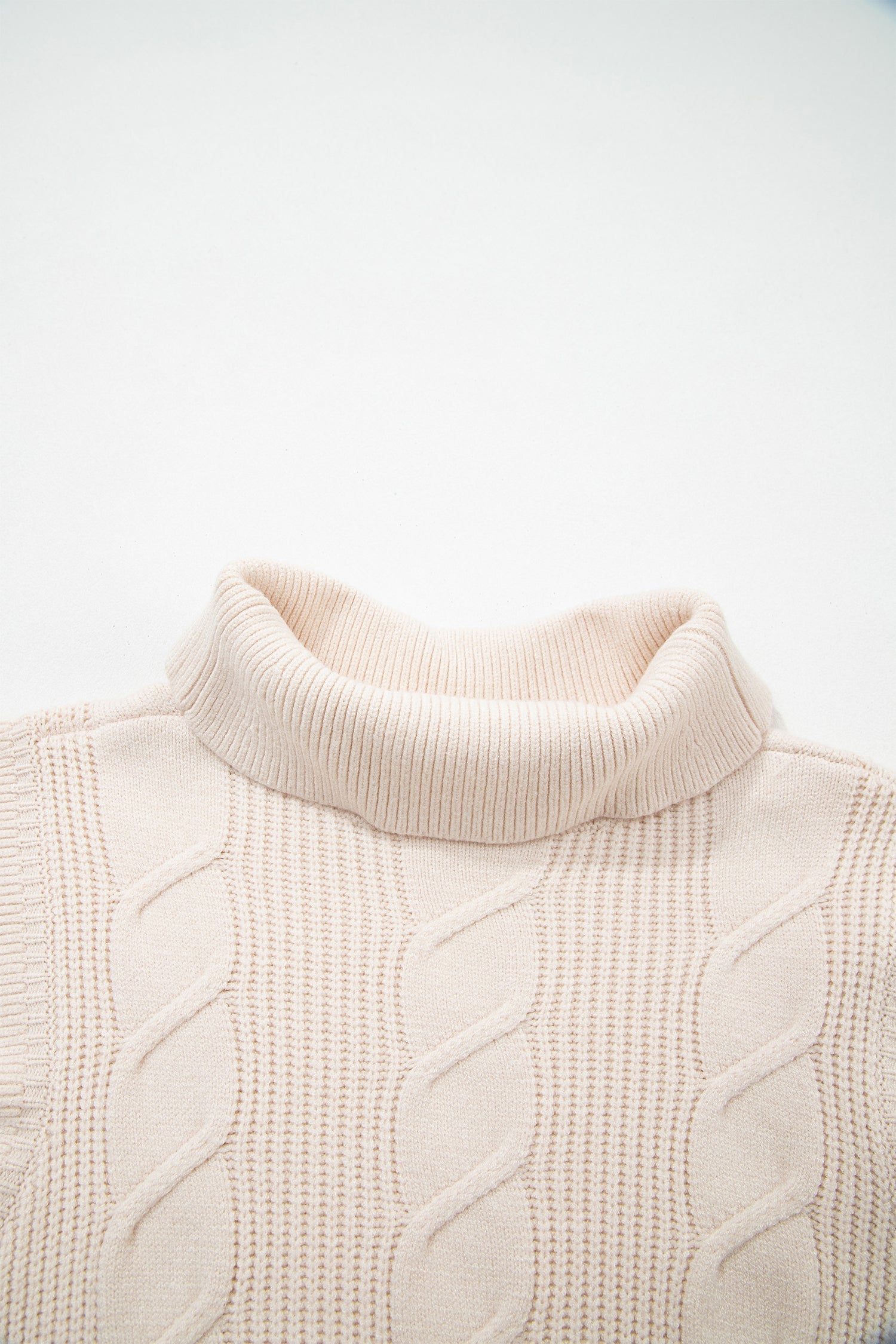 Cable Knit Turtleneck Ruffle Short Sleeve Sweater
