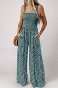 Green Floral Square Neckline High Waist Stretch Jumpsuit