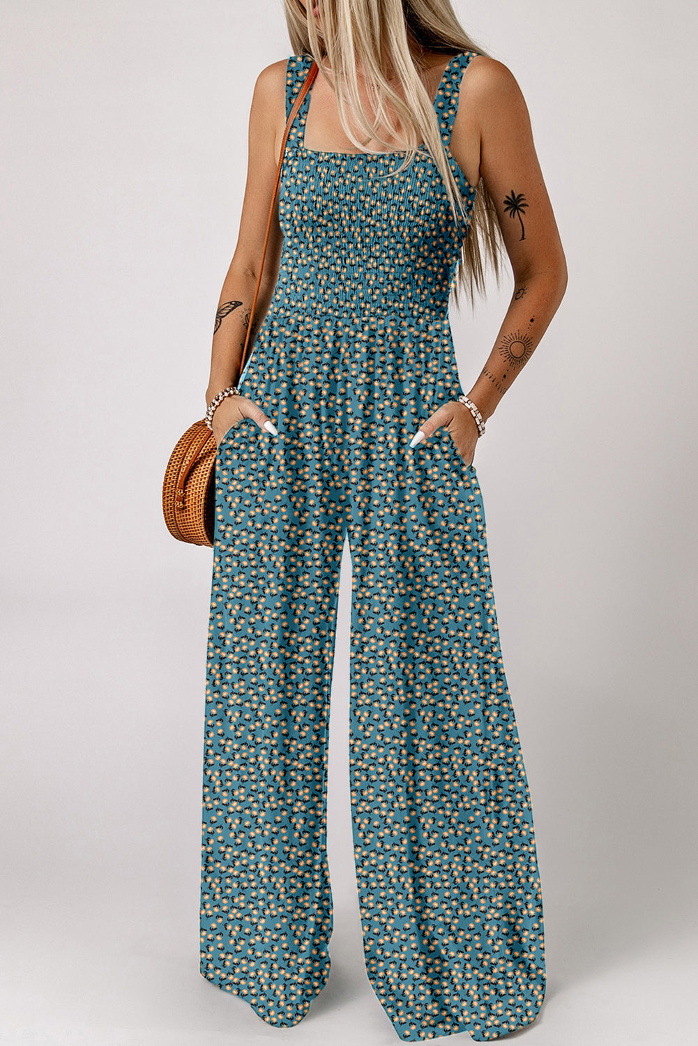Green Floral Square Neckline High Waist Stretch Jumpsuit