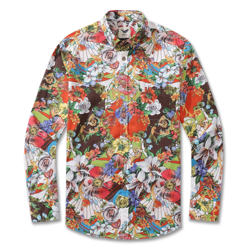 Men's Hawaiian Shirt Vibrant Blooms 1930s Vintage Long Sleeve Aloha Shirt By Amy