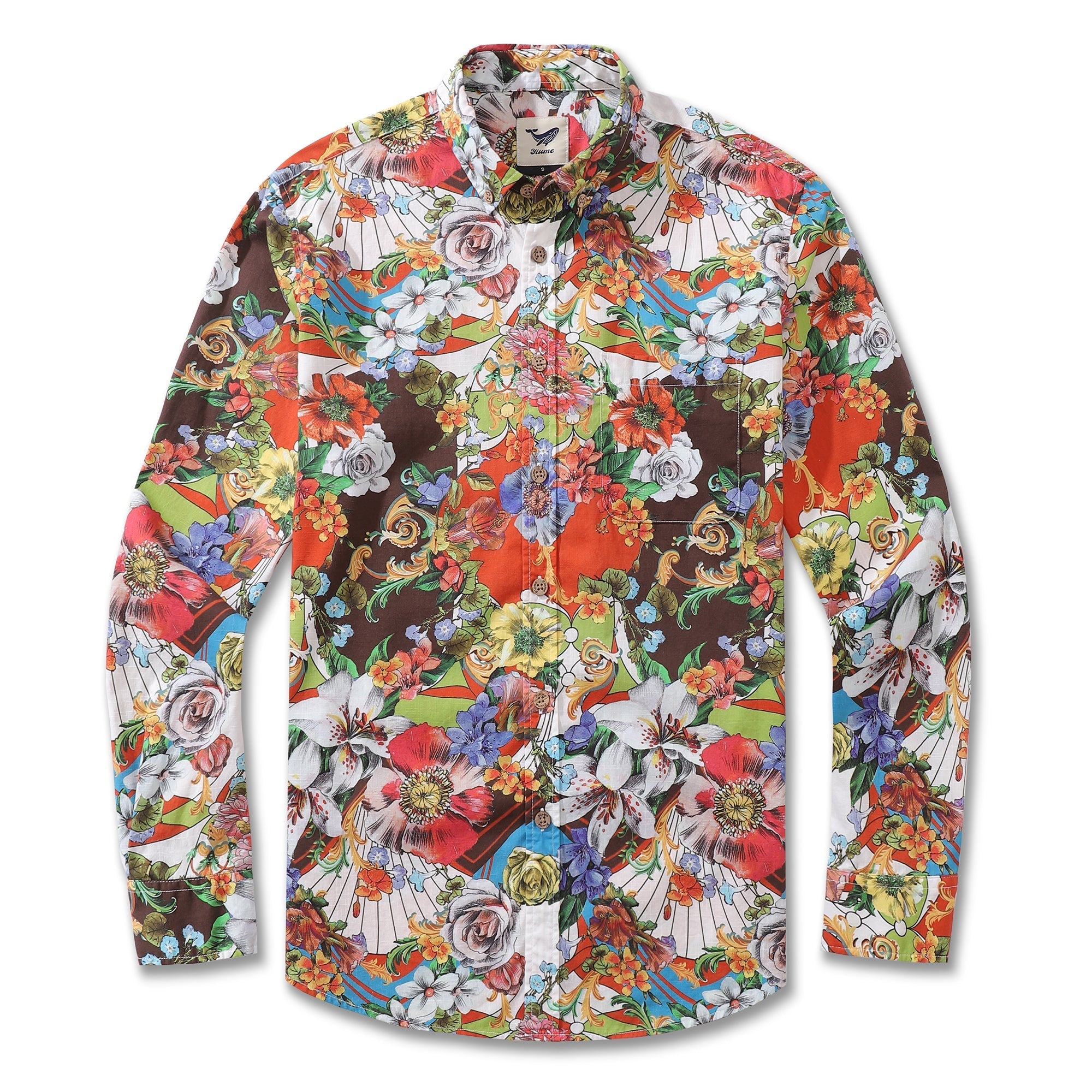 Men's Hawaiian Shirt Vibrant Blooms 1930s Vintage Long Sleeve Aloha Shirt By Amy