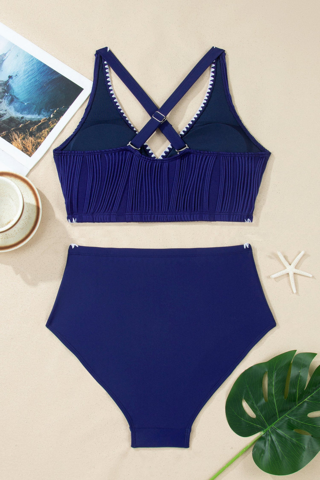 Shell Stitch Trim High Waist Bikini Set in Blue and White
