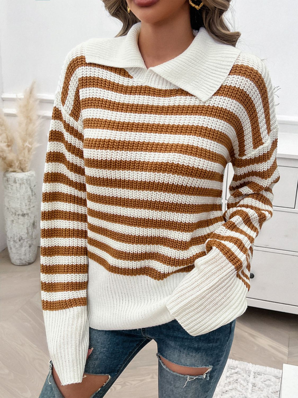 Women's Collared Striped Knit Sweater in Brown and White - Image 4