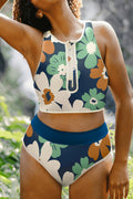 Blue Floral Zip Collar High Waist Bikini Top