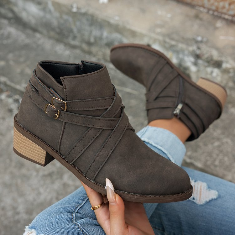 Women's Retro Buckle Ankle Boots Chic Suede Stacked Heel Booties