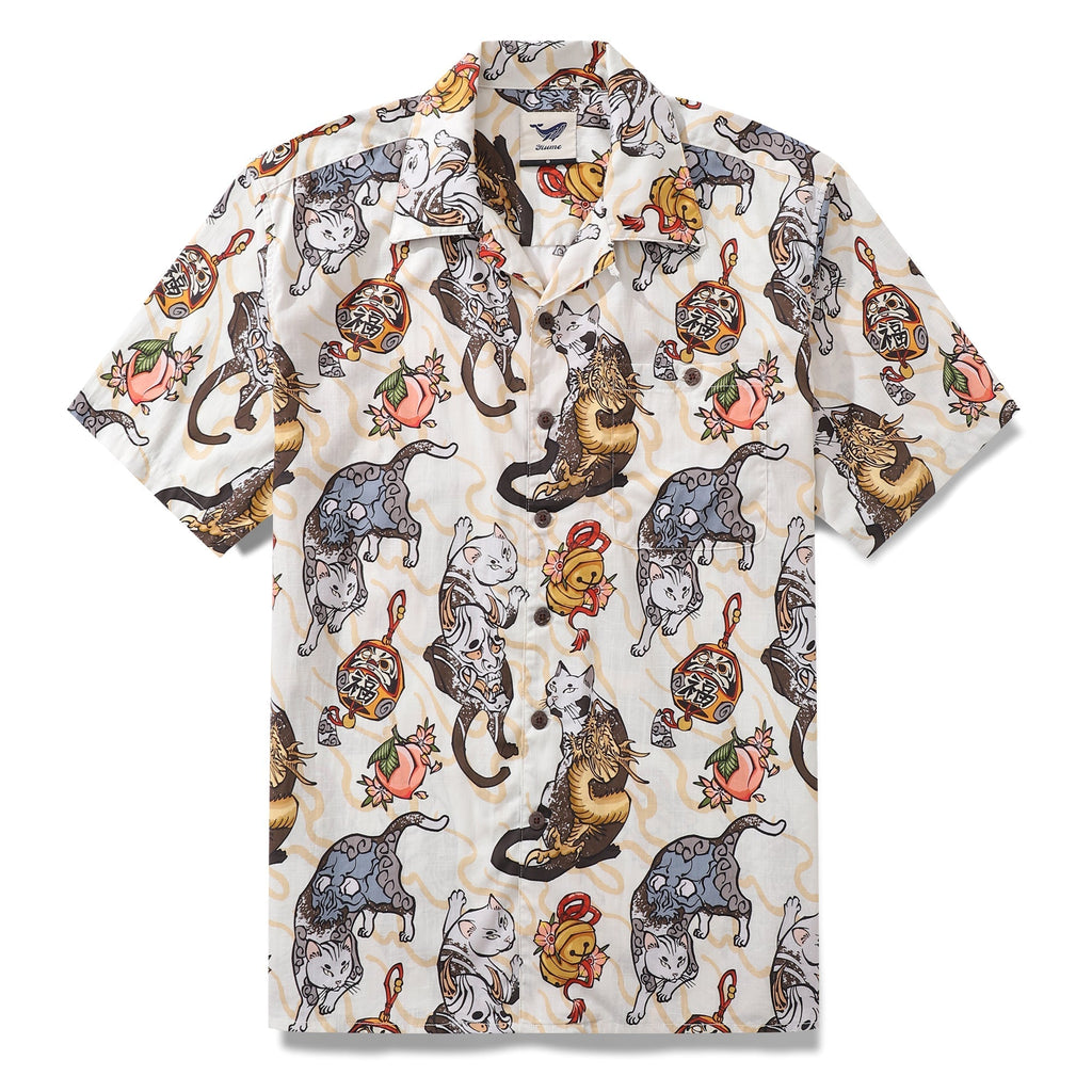 Men's Hawaiian shirt with Ukiyo-e cat animal print on white background, featuring a camp collar.