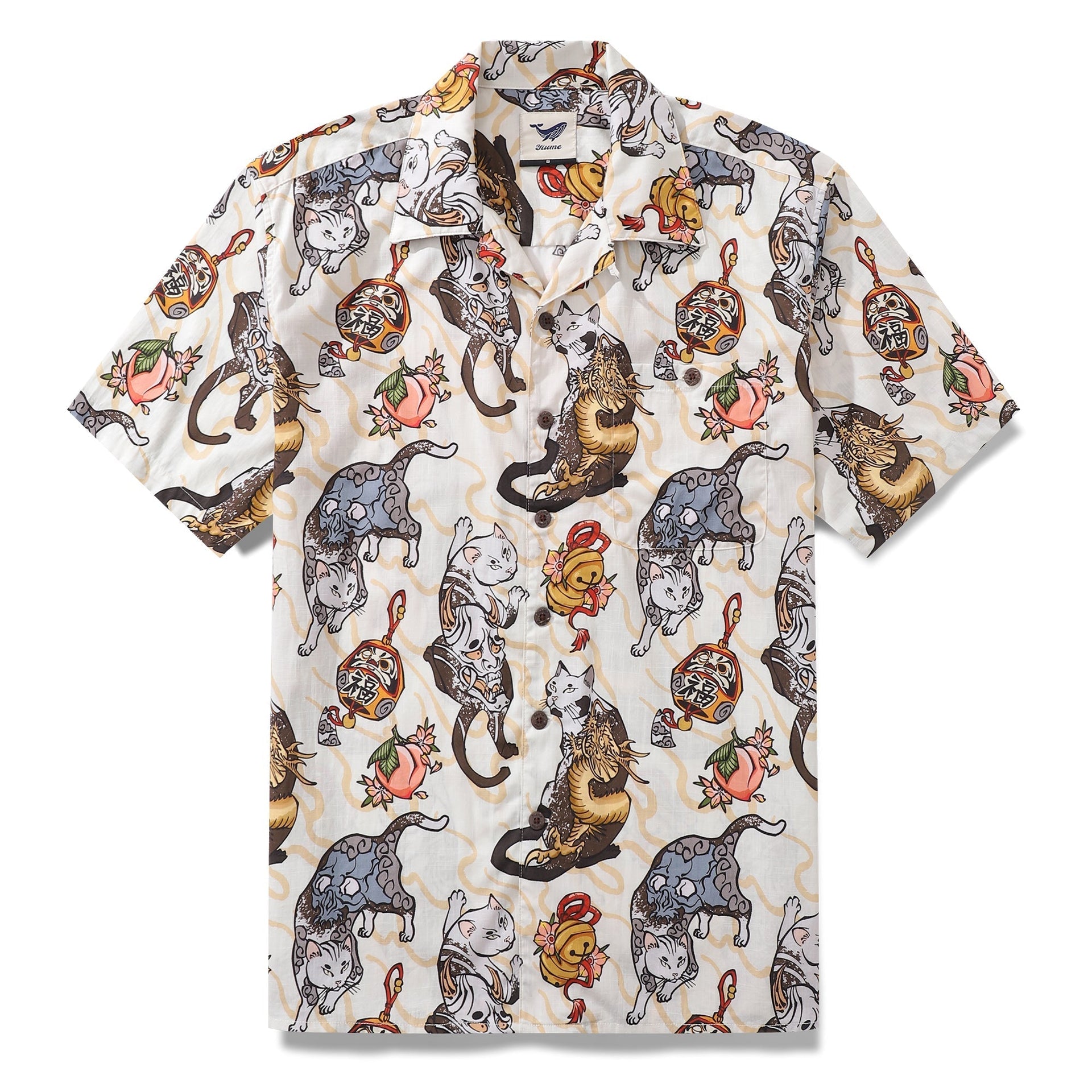 Men's Hawaiian shirt with Ukiyo-e cat animal print on white background, featuring a camp collar.