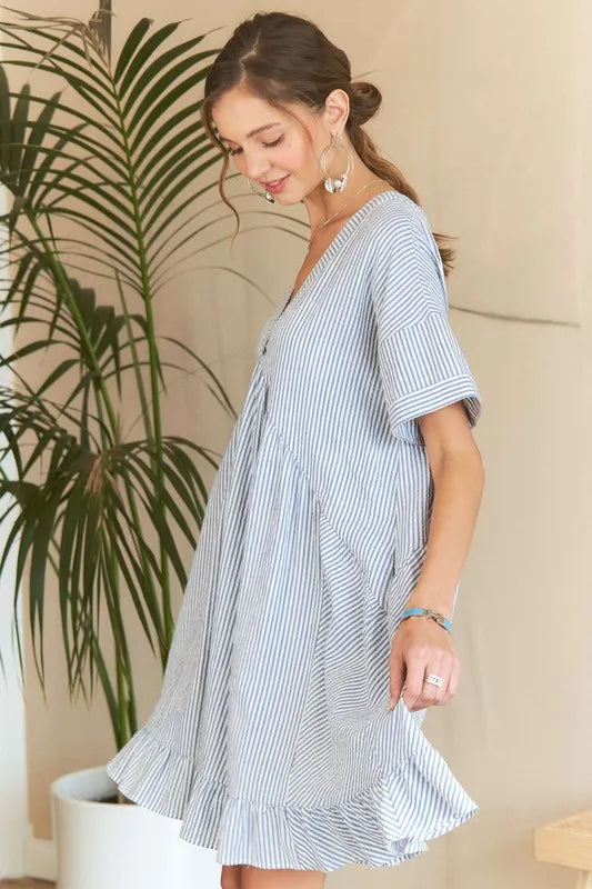 Striped V-Neck Babydoll Dress with Ruffled Hem