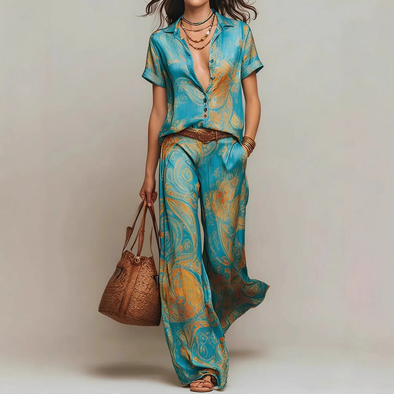 Blue and Orange Bohemian Print Two-Piece Resort Shirt and Pants - Image 4