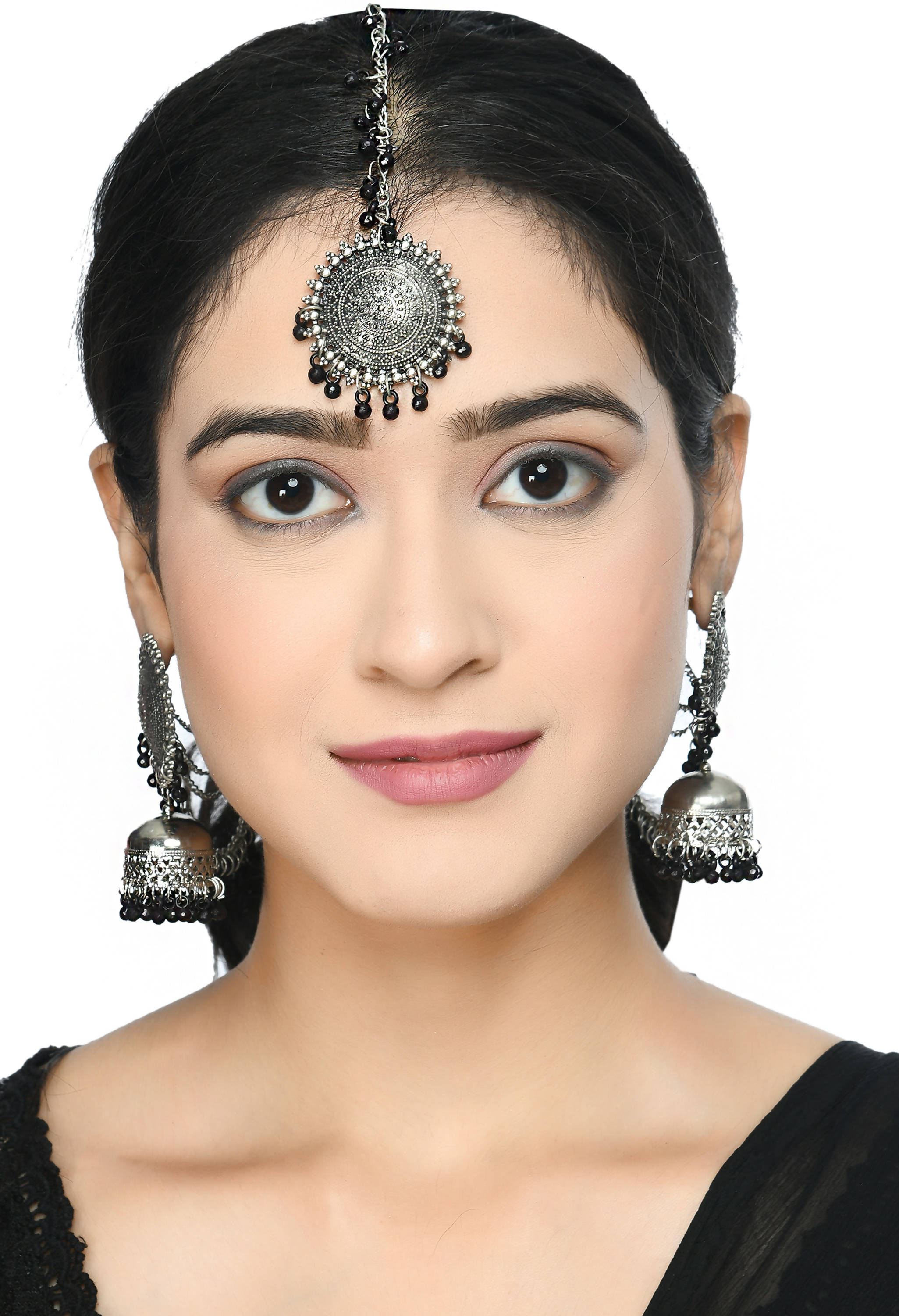 Bahubali Black Beaded Earrings Set with Matching Tikka