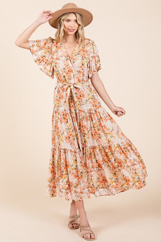 Floral Tie Waist Flutter Sleeve Tiered Dress