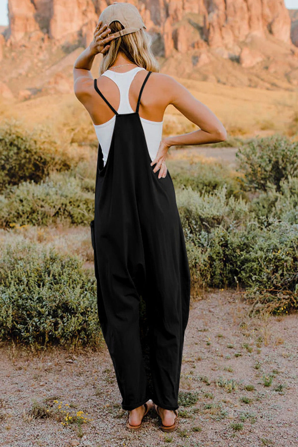 V-Neck Sleeveless Jumpsuit with Pockets - Lightweight Casual Fit