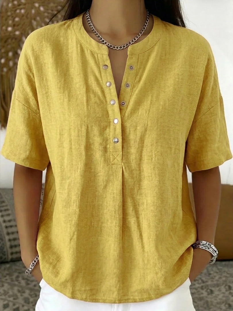 Women's Loose-Fit Short-Sleeve Henley Pullover Top - Image 12