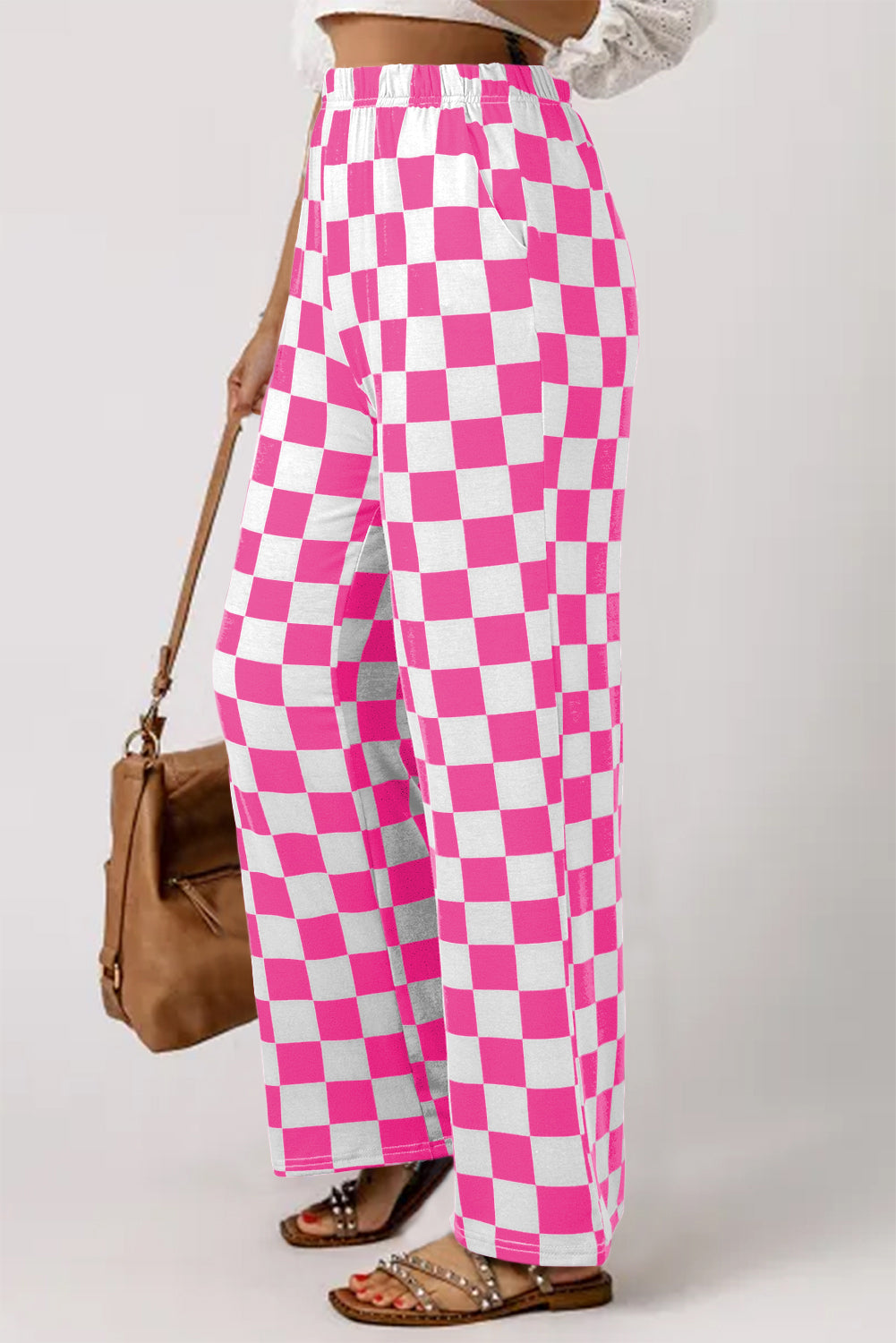 Red 2-Tone Checked Print High Waist Wide Leg Pants