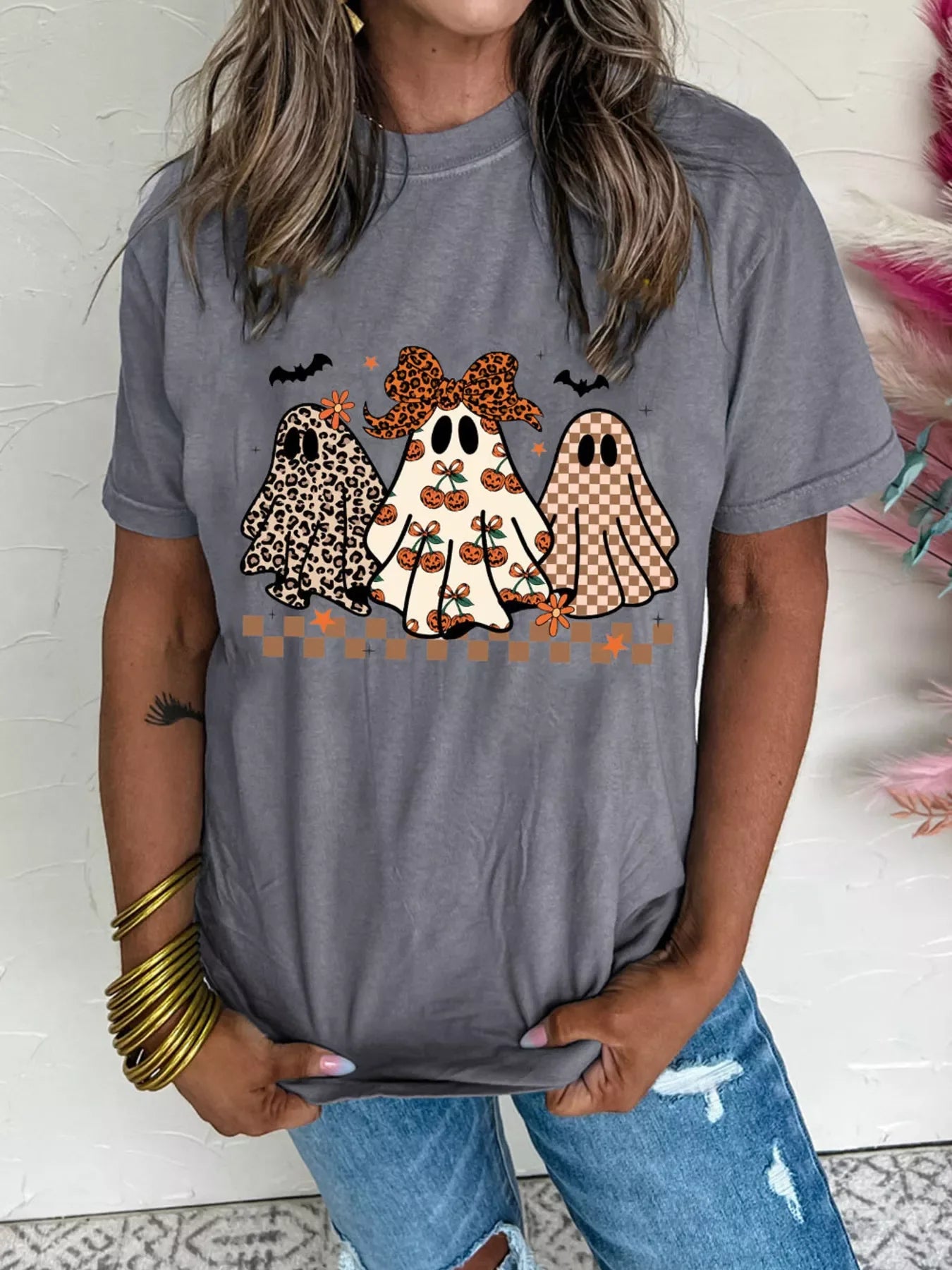 Halloween Ghost Round Neck Casual Tee