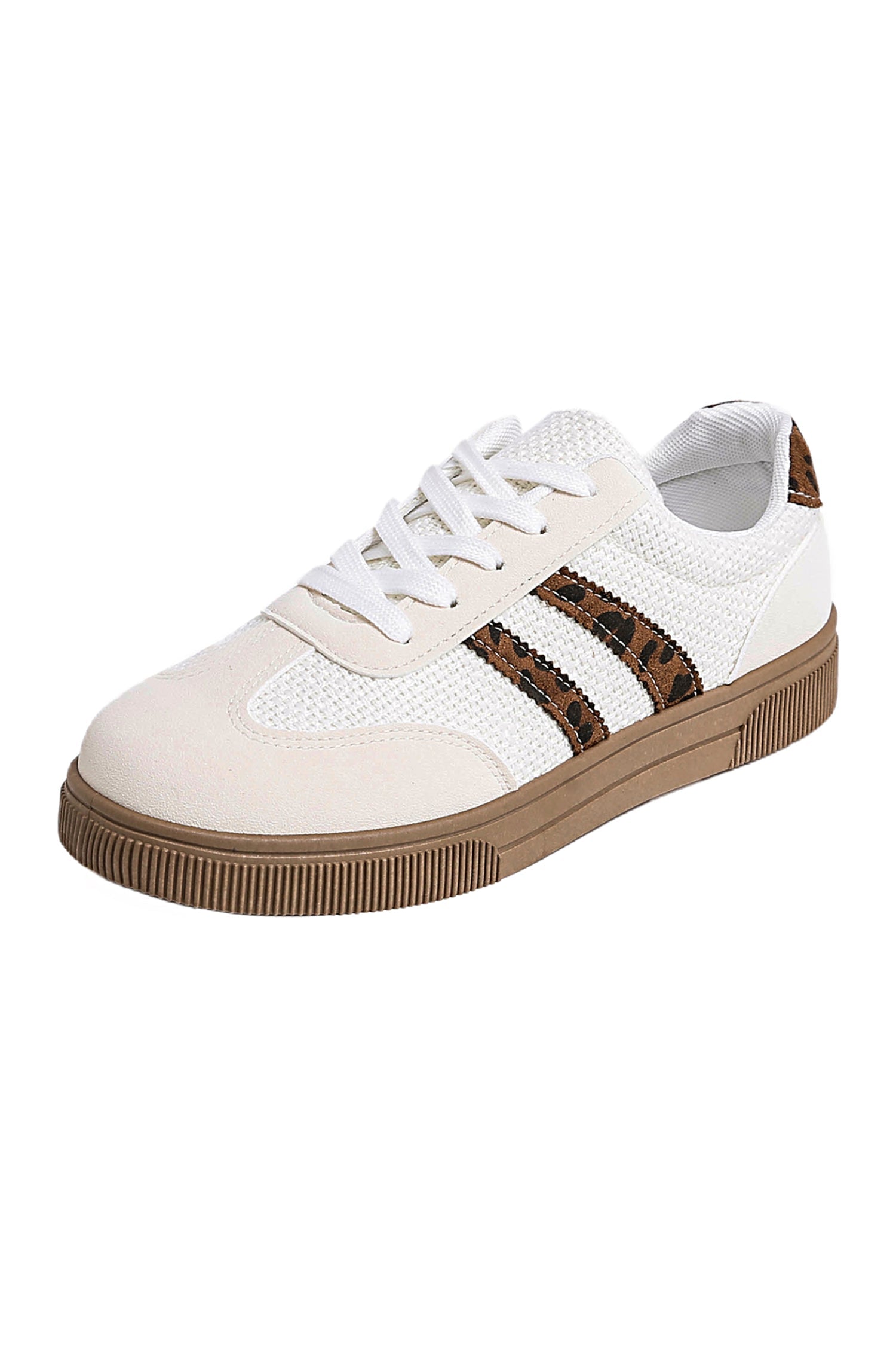 White Leopard Patchwork Woven PU Leather Sneakers