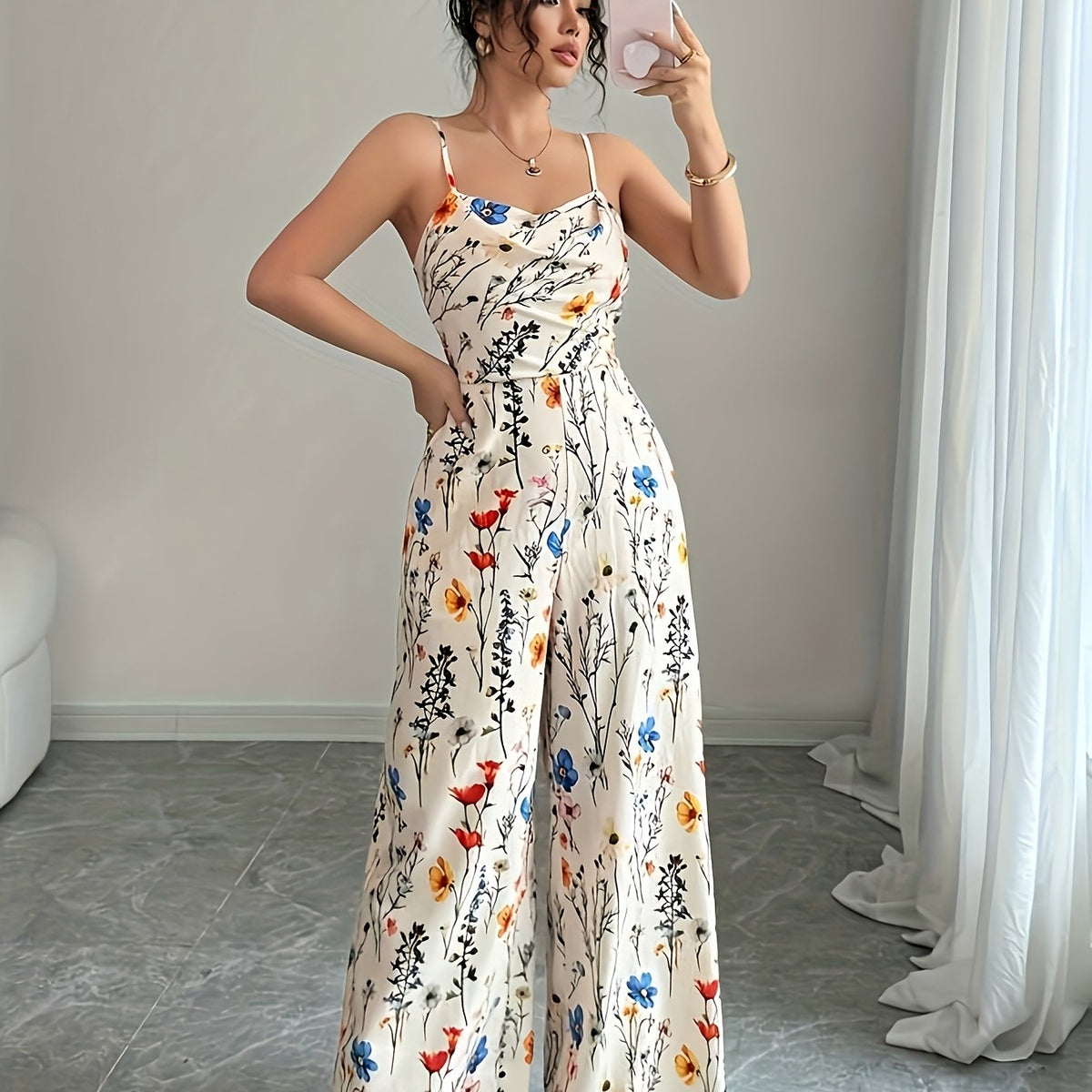 Elegant Floral Plunge Wide Leg Jumpsuit