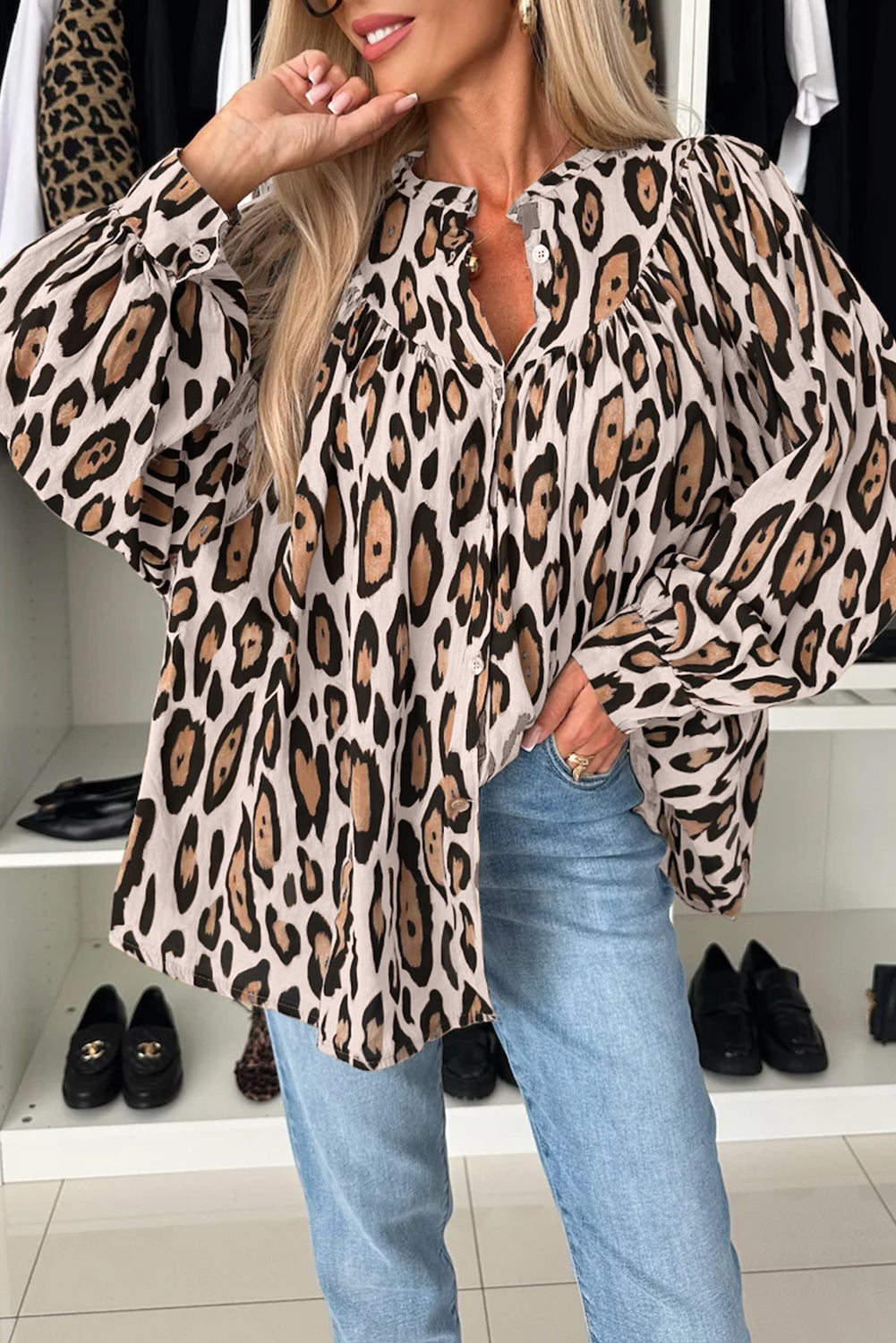 Oversized Leopard Print Balloon Sleeve Shirt | Polyester