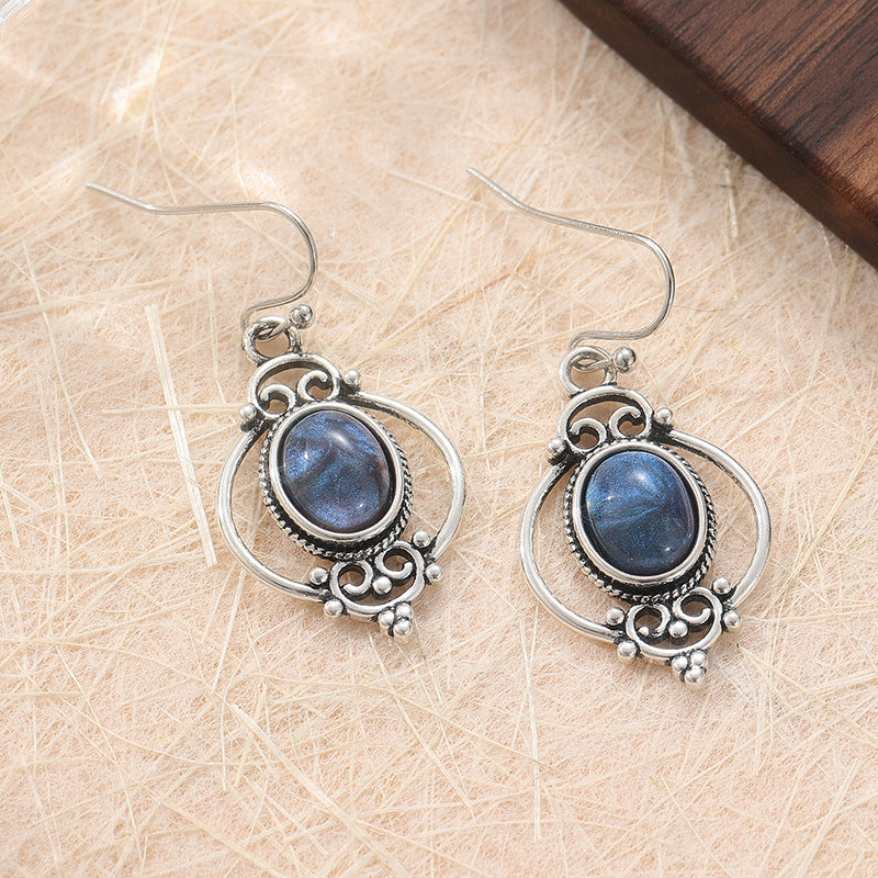 Vintage Blue Oval Stone Drop Earrings Silver Tone Brass Women Boho Artistic Daily Fashion Jewelry