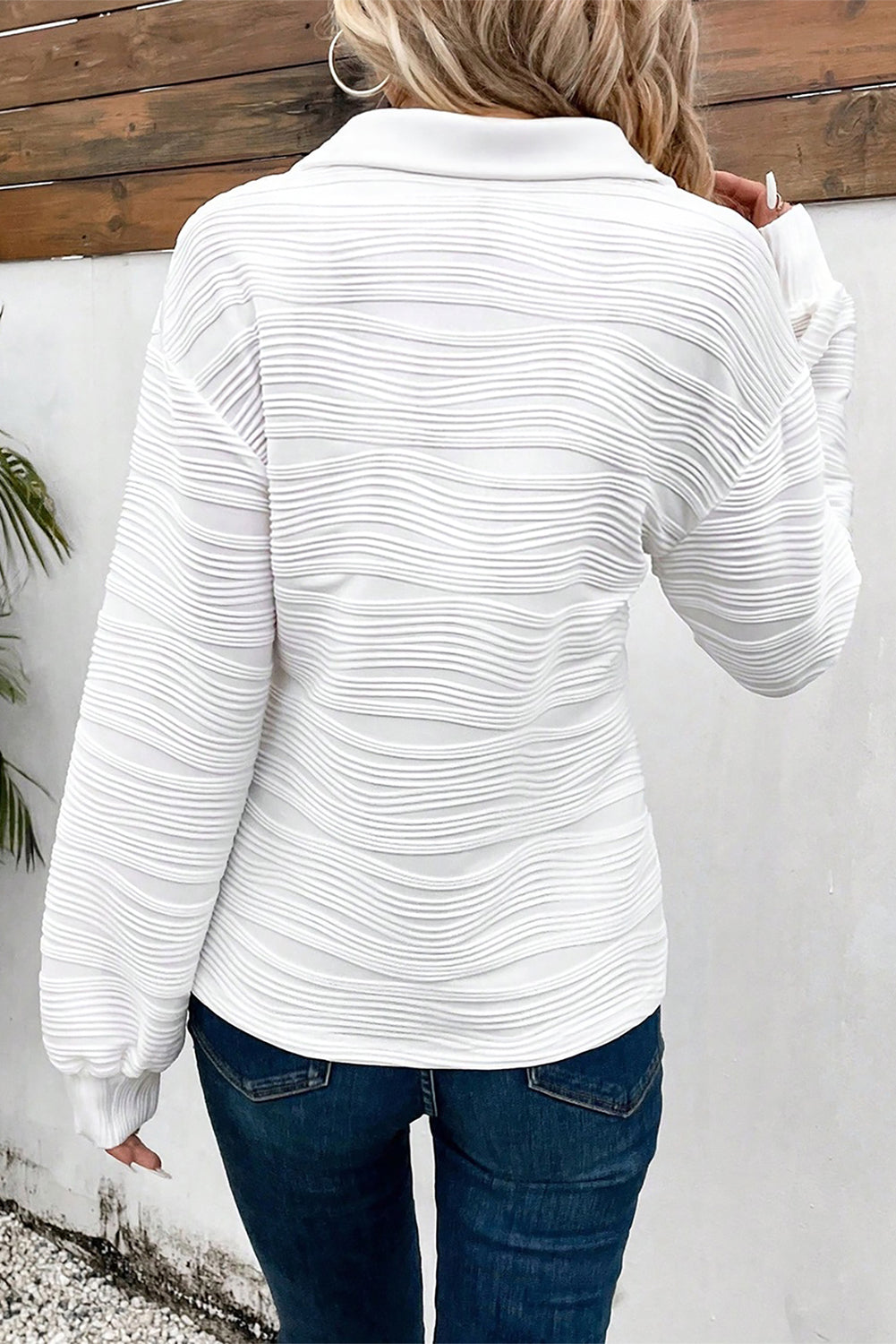 White V Neck Zipper Pullover Sweatshirt | Long Sleeve