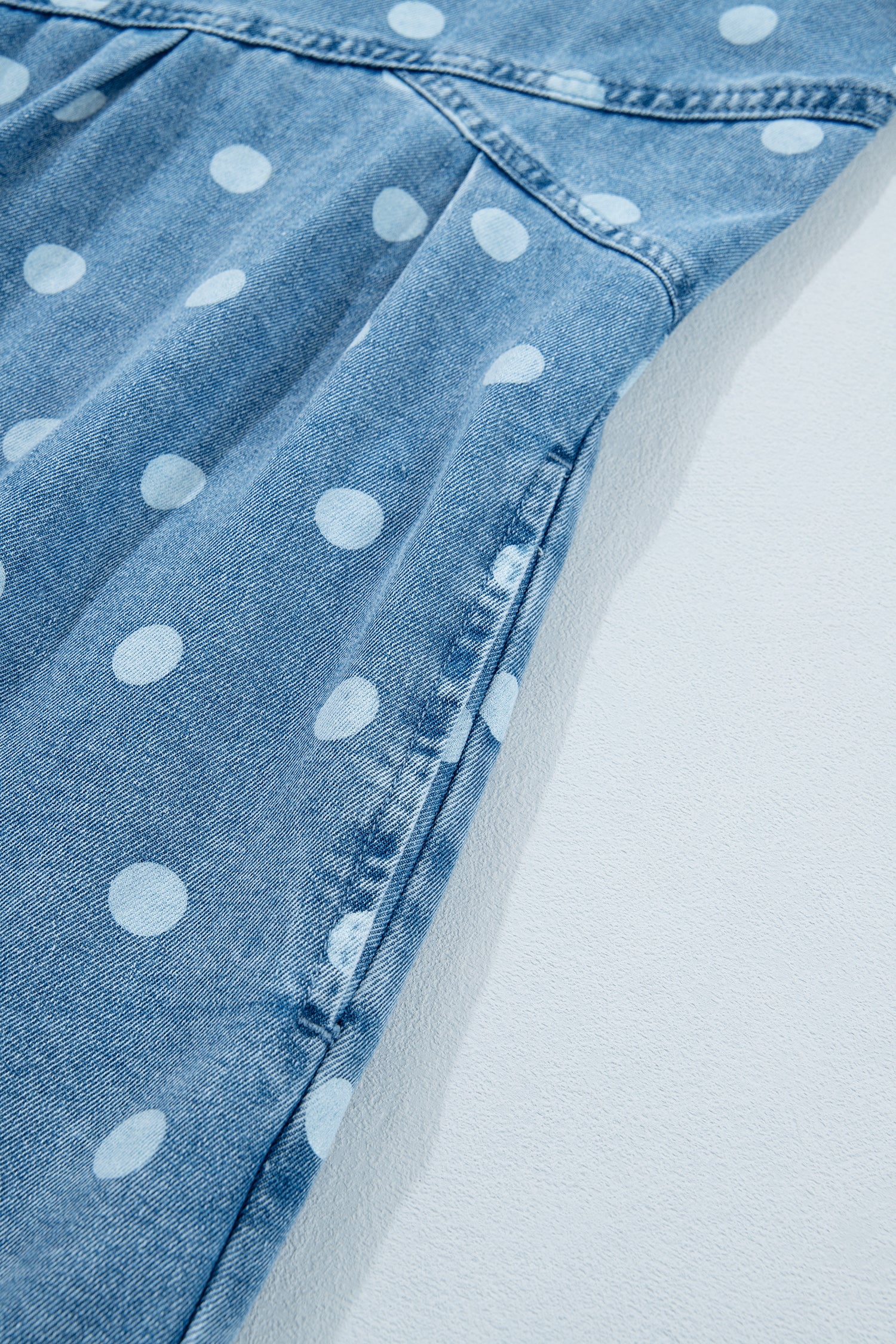 Sky Blue Polka Dot Print Ruffled Short Puff Sleeve Button Down Loose Denim Dress