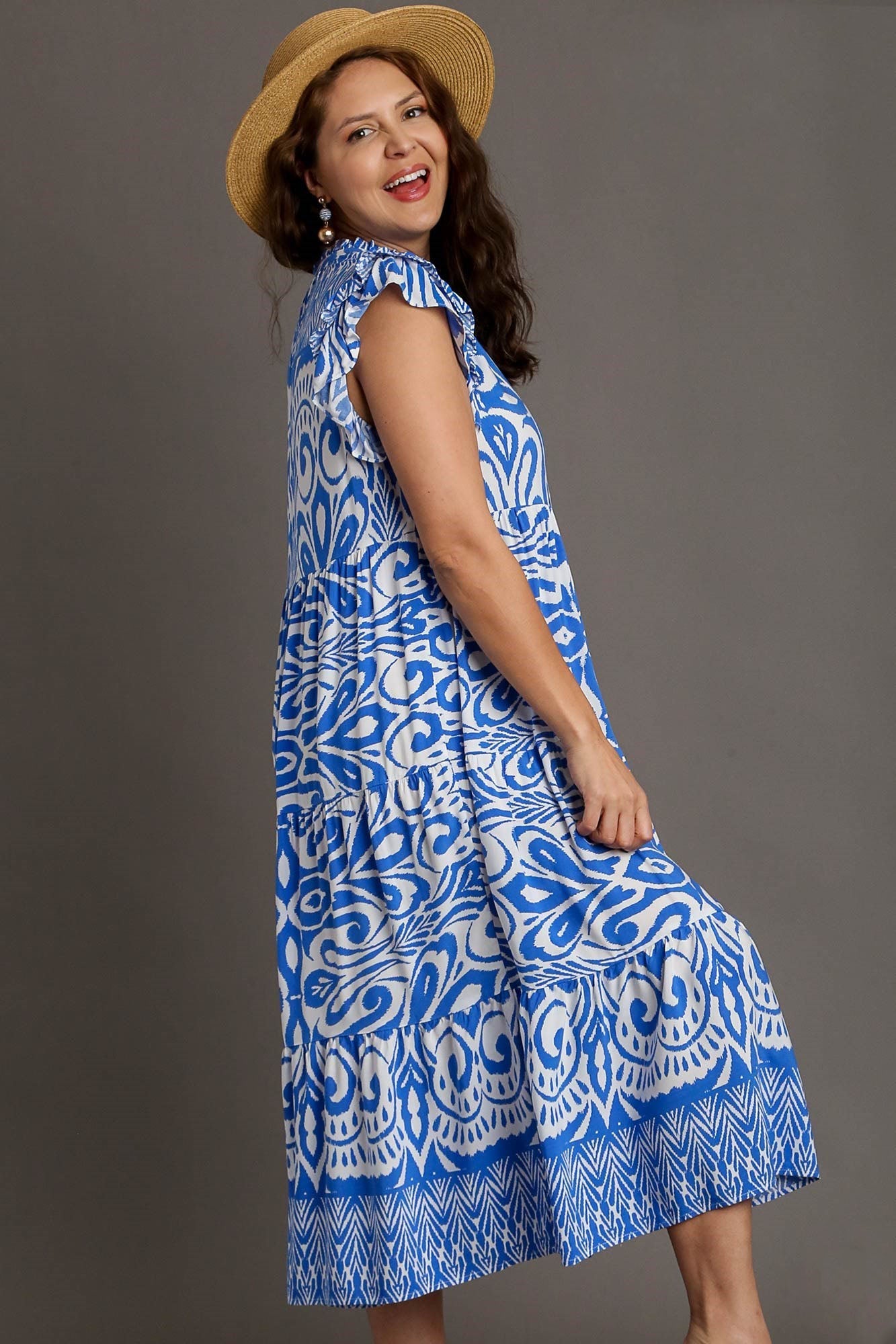 Blue Two-Tone Abstract Print Ruffle Cap Sleeve Midi Dress