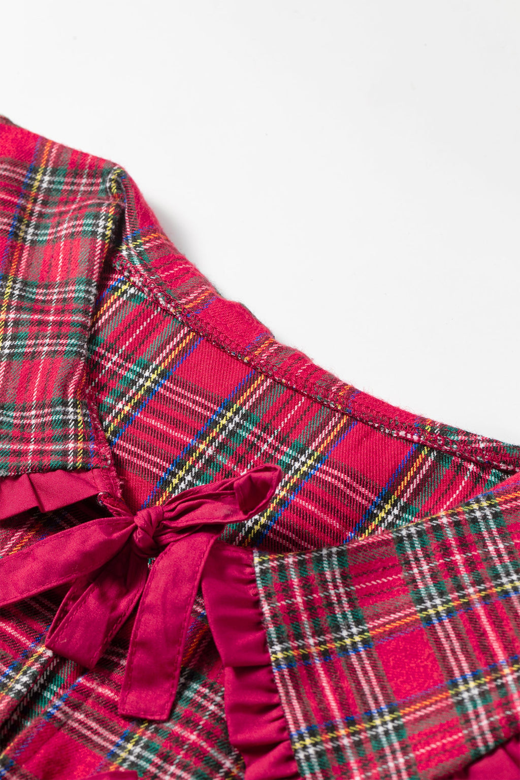 Plaid Collared Bow Tie Ruffle Long Sleeve Blouse