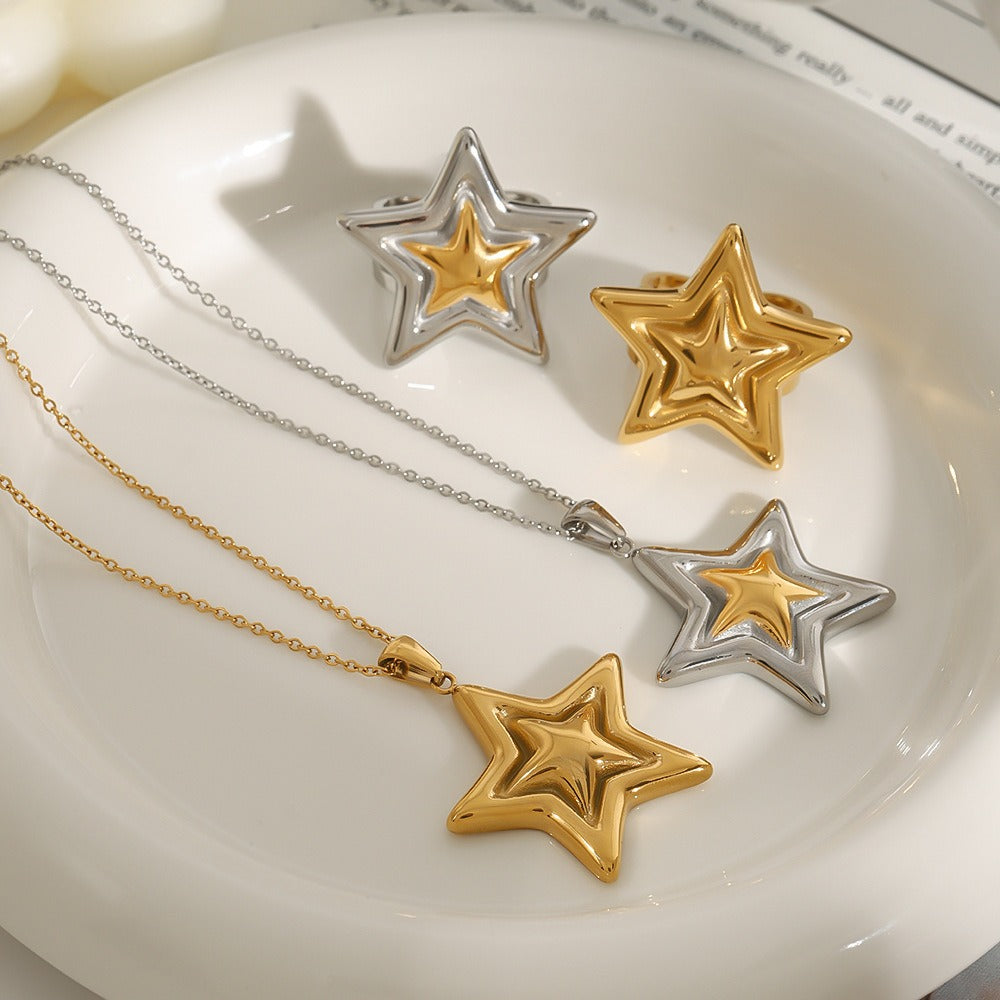 18K Gold Pentagram Design Exquisite Fashion Necklace Ring Set