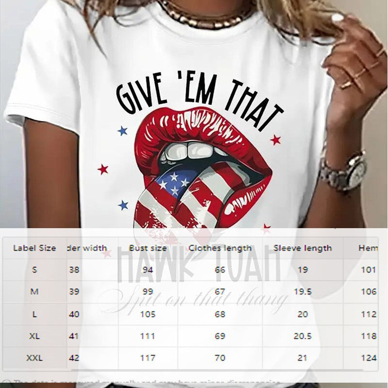 Women American Flag Lips and Stars Graphic Short Sleeve T-Shirt - Image 3