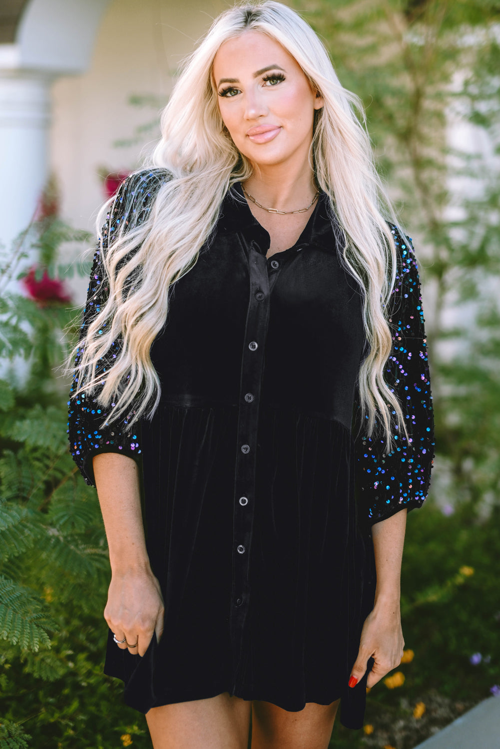 Velvet Sequin Puff Sleeve Buttoned Peplum Shirt