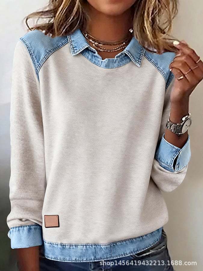 Denim Collar Patchwork Knit Pullover – Women’s Street Style Top