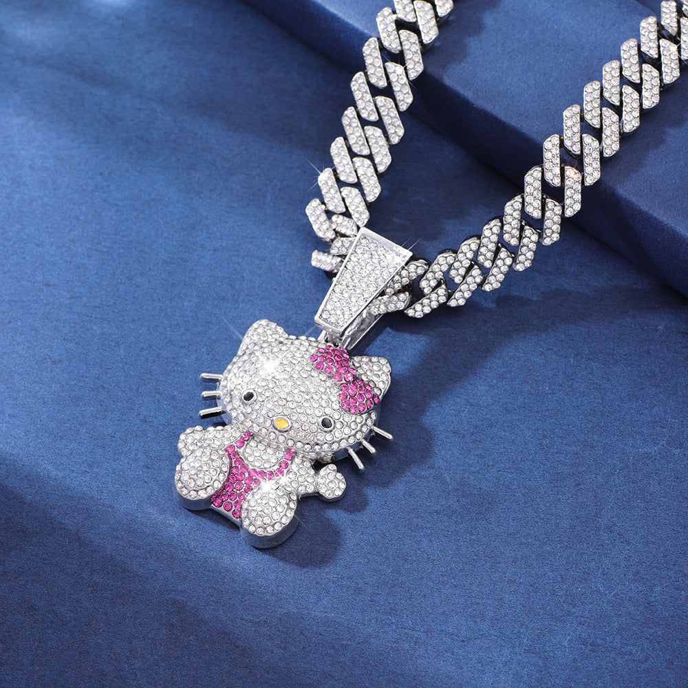 3D Animal Cat Pendant Zinc Alloy Full Diamond Enamel Hip-Hop Style Cuban Chain Necklace Lion Necklace