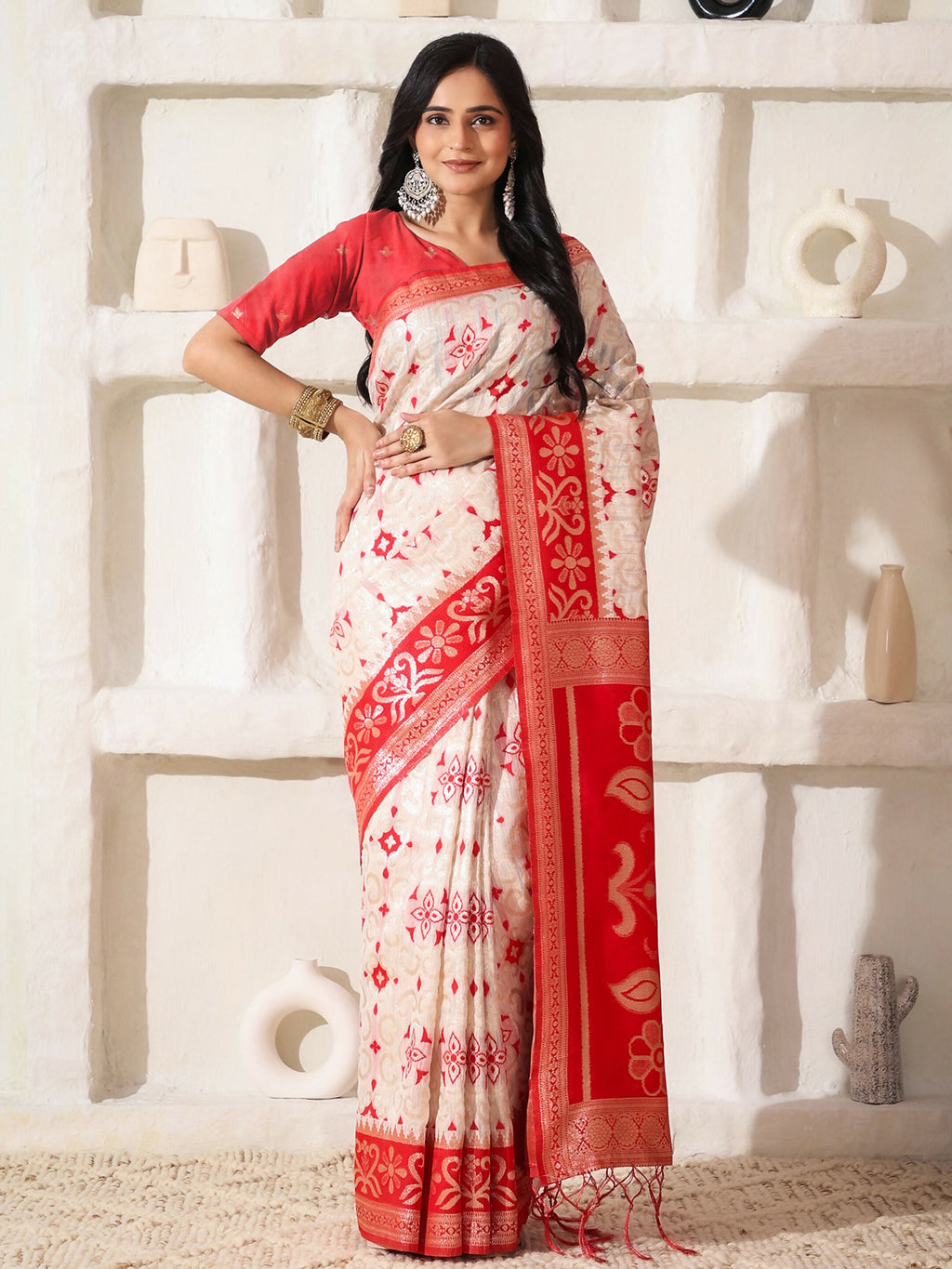 Red and White Linen Cotton Saree with red blouse piece