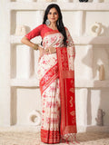 Red and White Linen Cotton Saree with red blouse piece