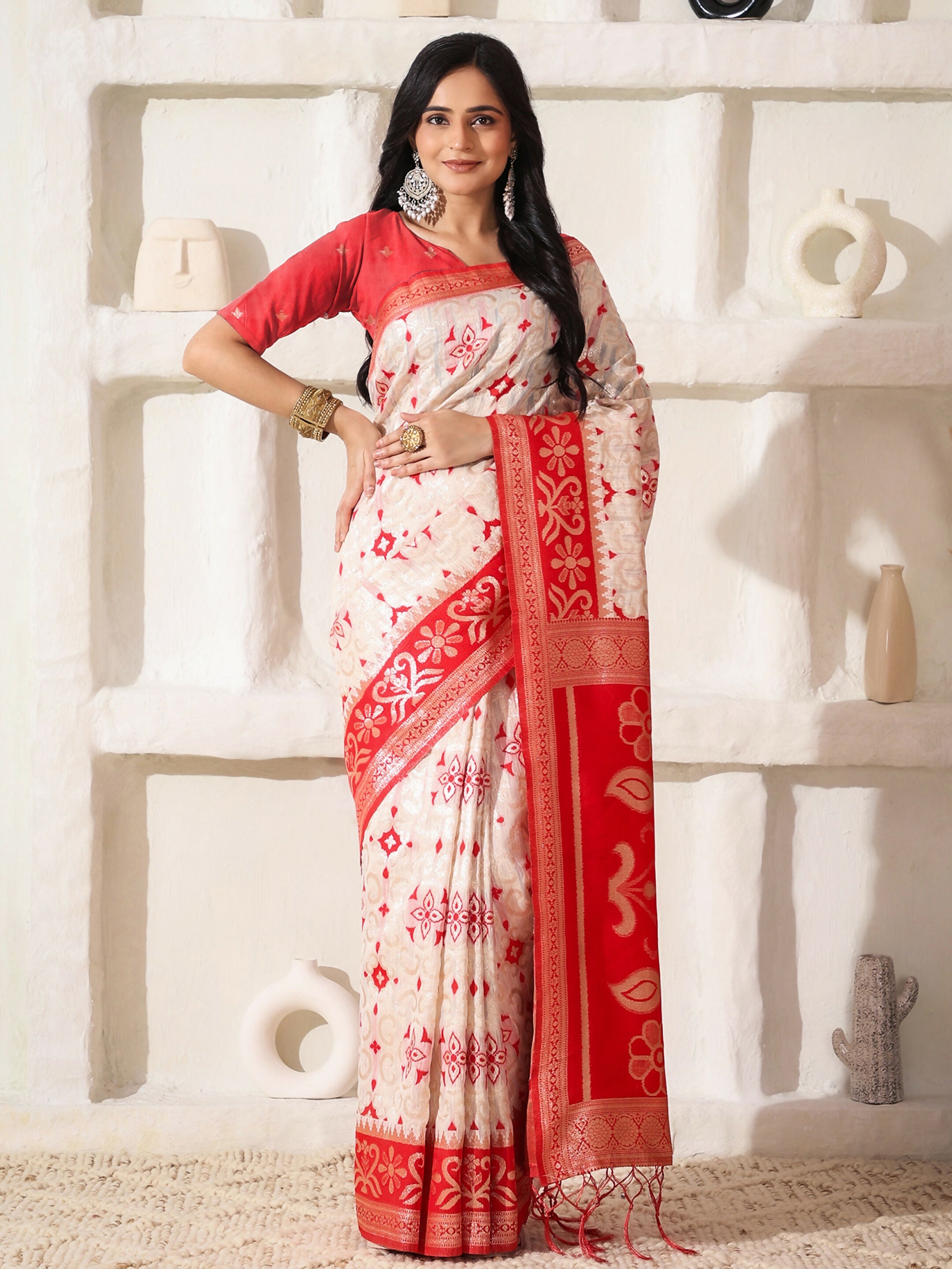 Red and White Linen Cotton Saree with red blouse piece