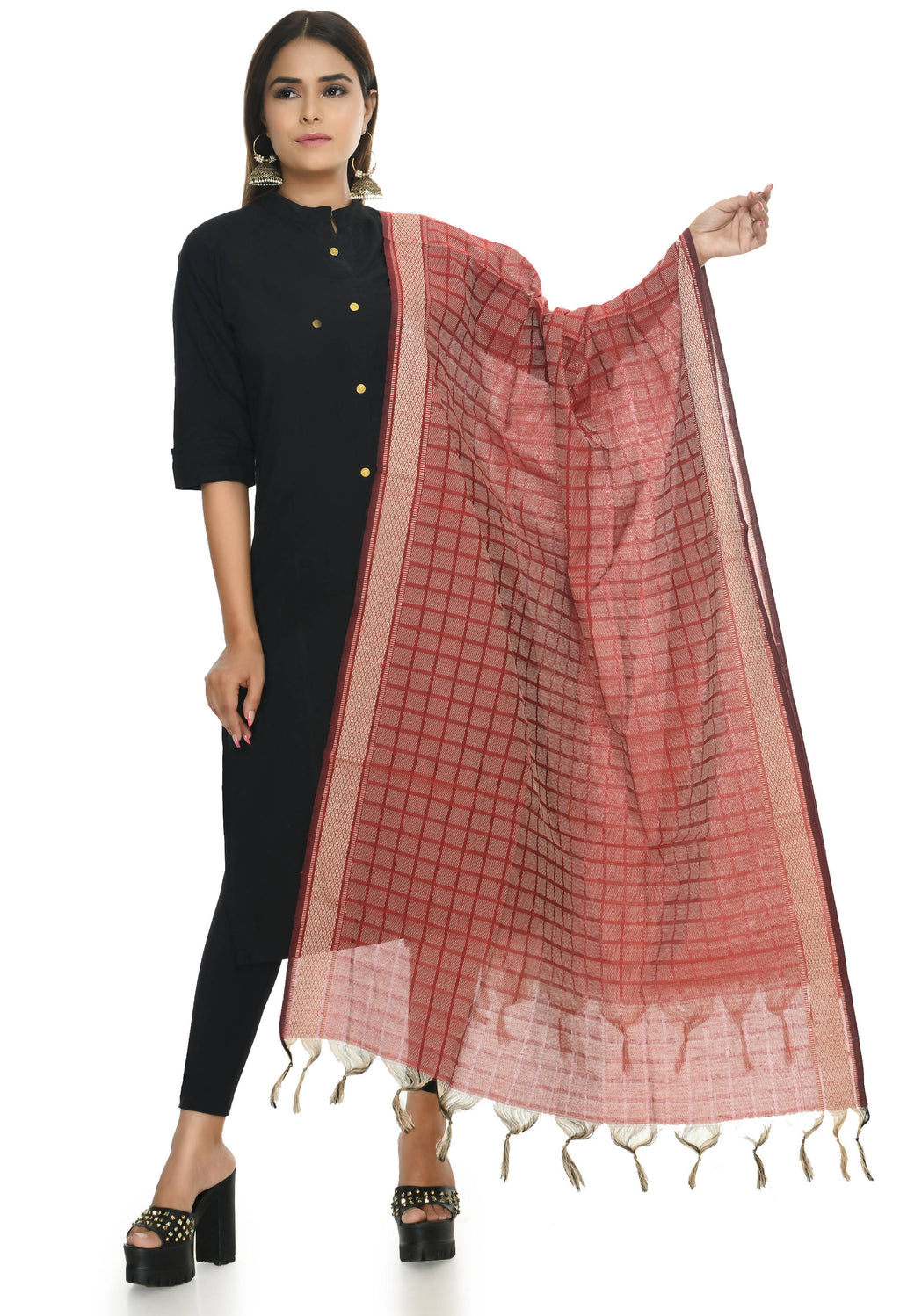 Handloom Cotton Maroon Dupatta for Women - Breathable Ethnic Wear