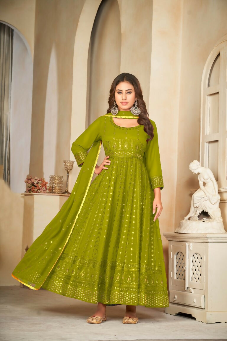 Mehendi Georgette Embroidered Anarkali Kurta Pant Set with Dupatta