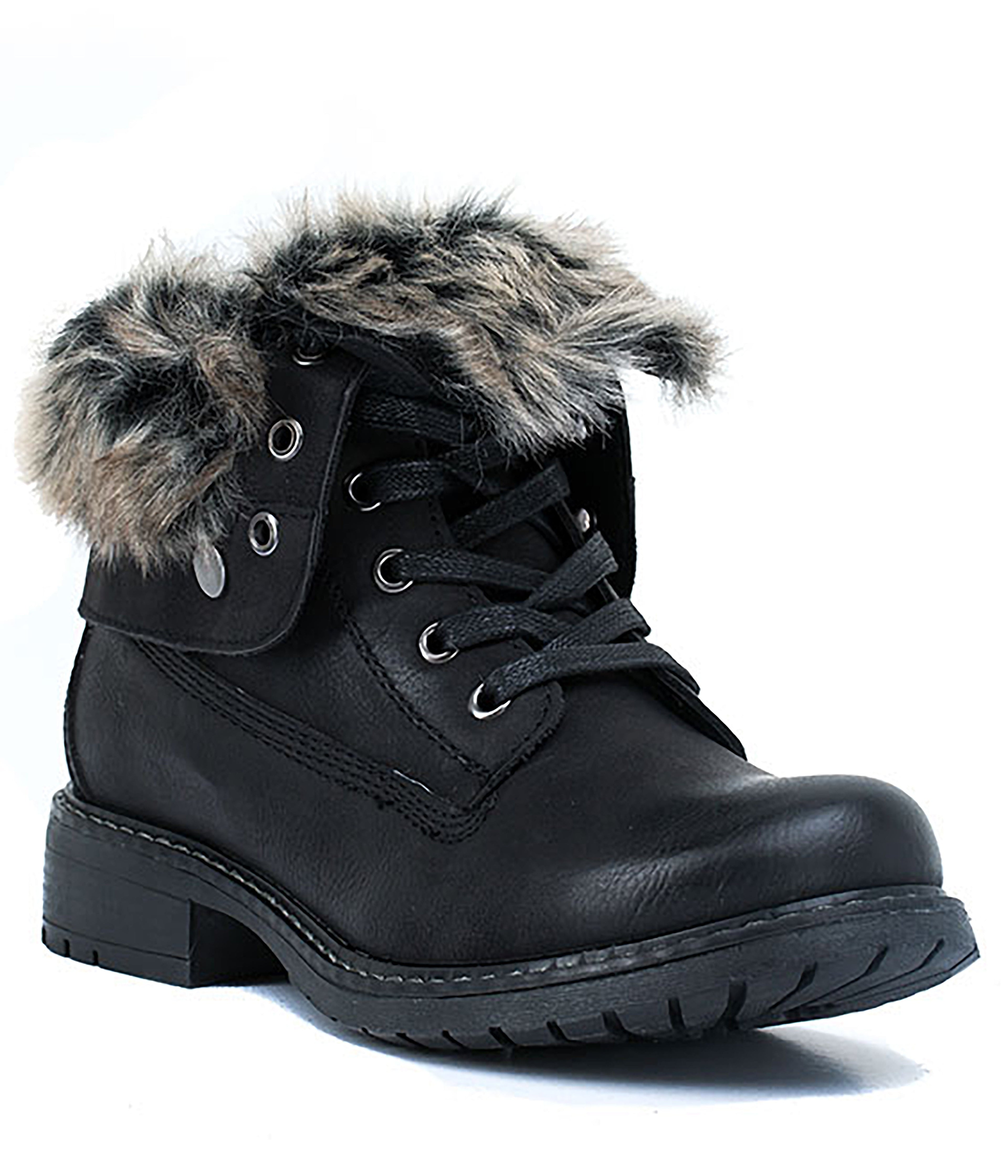 Trudie Black Combat Bootie | Faux Fur Collar