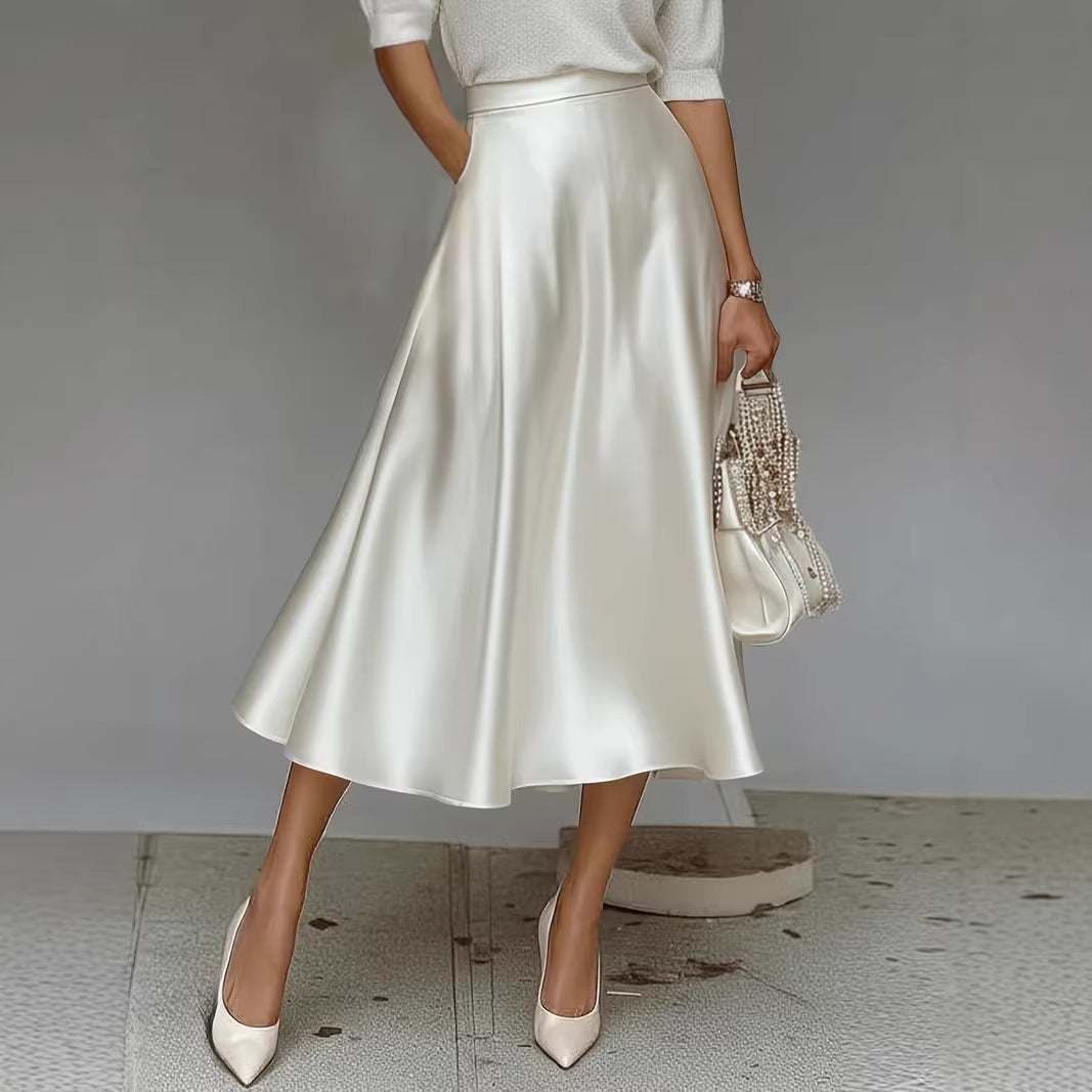 Women's Satin Mid-Length A-Line Skirt – High Rise Pull-On Style